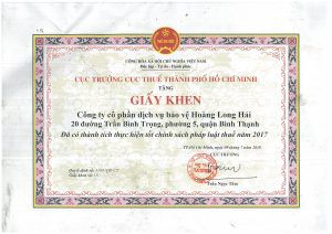 Bằng khen của Cục thuế Thành phố Hồ Chí Minh tặng Công ty cổ phần dịch vụ bảo vệ Hoàng Long Hải